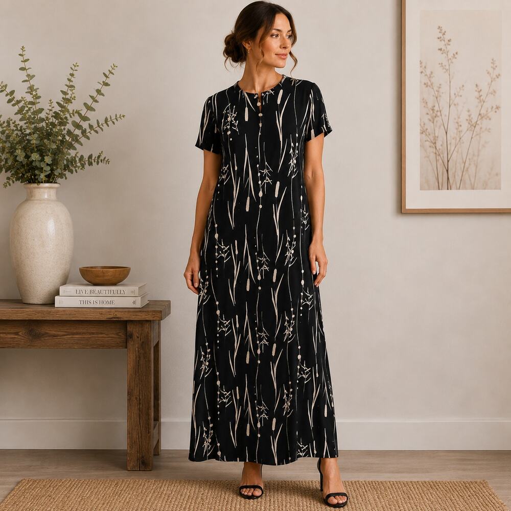 Vintage Liz Claiborne 100% Silk Maxi Dress Womens Size 14 Black Floral Slit Boho